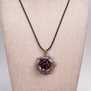 Vintage Purple Enamel and Gold Tone Rose Pendant on a Black Cord